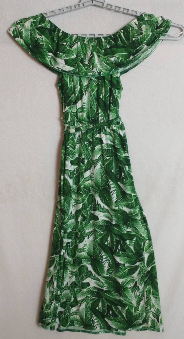 Tropical Palm Leaf Maxi Dress Off Shoulder Boho Summer Beach Casual Size L